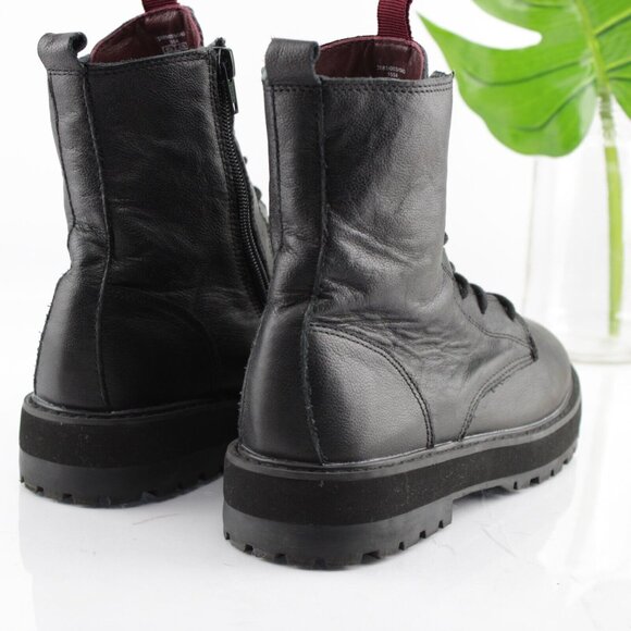 Zara Womens Combat Boot Size 37 6 Black Leather Lace Up Chunky Lug Sole Bootie - Picture 3 of 13
